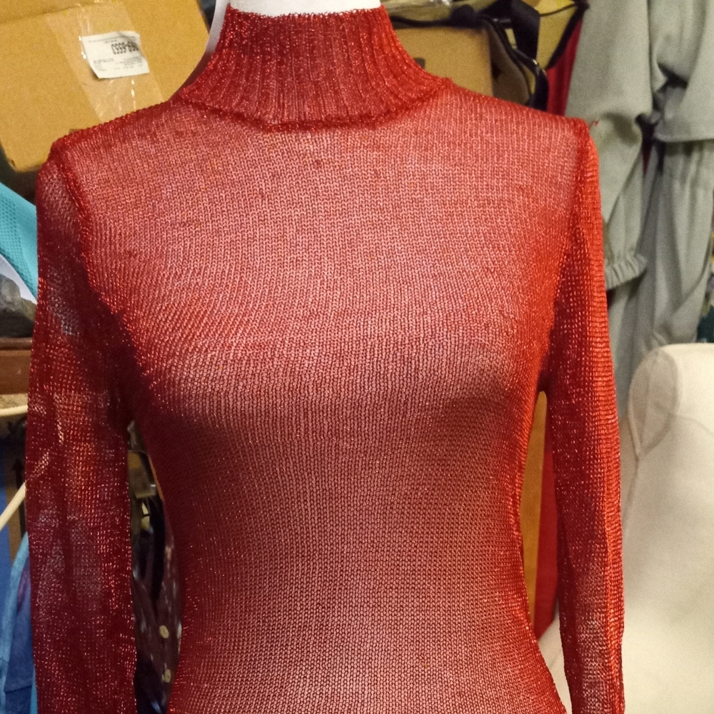 New,tag,red sheer glitter mesh metallic turtleneck l/s sweater top size medium. - Picture 9 of 14